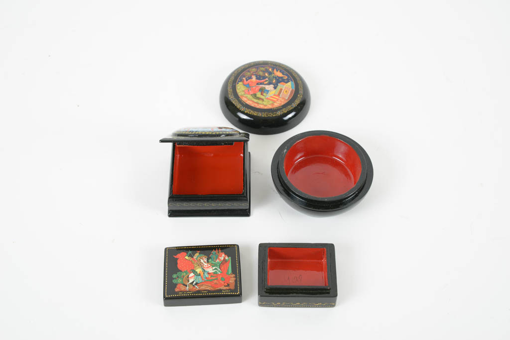 Collection of Russian Illustrated Lacquered Wood Trinket Boxes