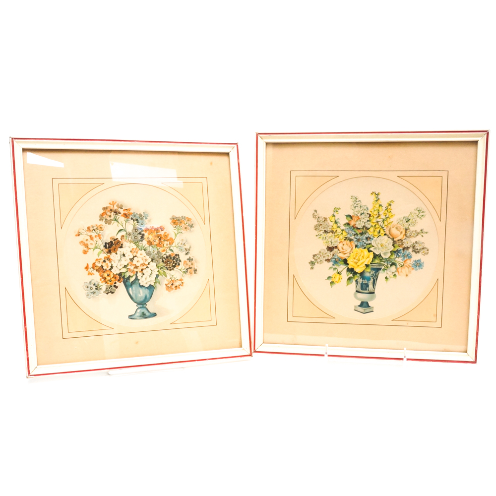 Pair of 1940's Framed Lithograph Prints of Flowers