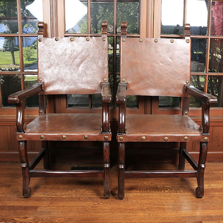 Pair of Leather Renaissance Style Armchairs