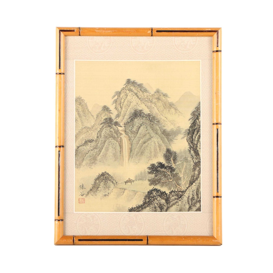 East Asian Gouache Painting on Silk of Landscape