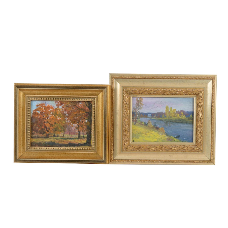 Pair of Small Unsigned Original Oil Landscape Paintings