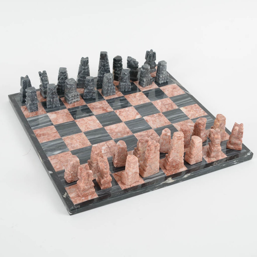Black and Pink Carved Marble Chess Set