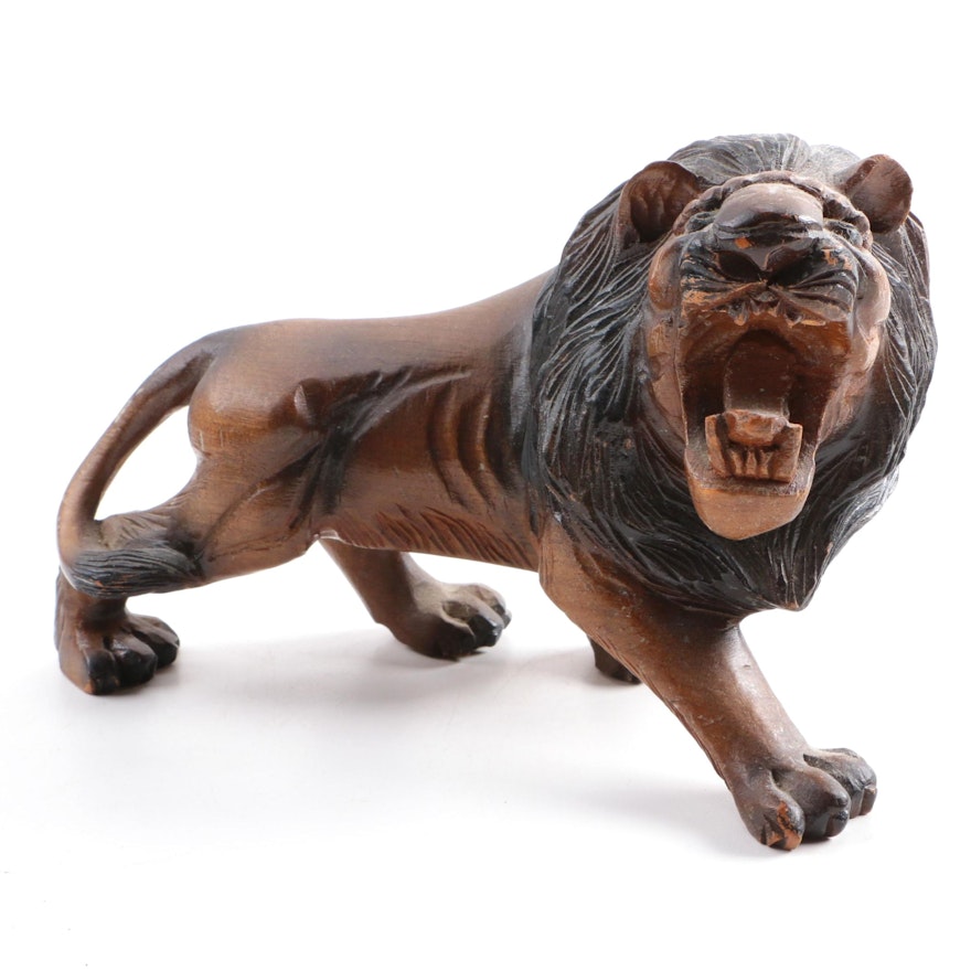 Brown and Black Carved Wooden Lion Figurine