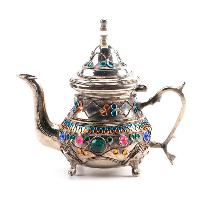 Silver Tone Metal Teapot With Painted and Applied Decoration