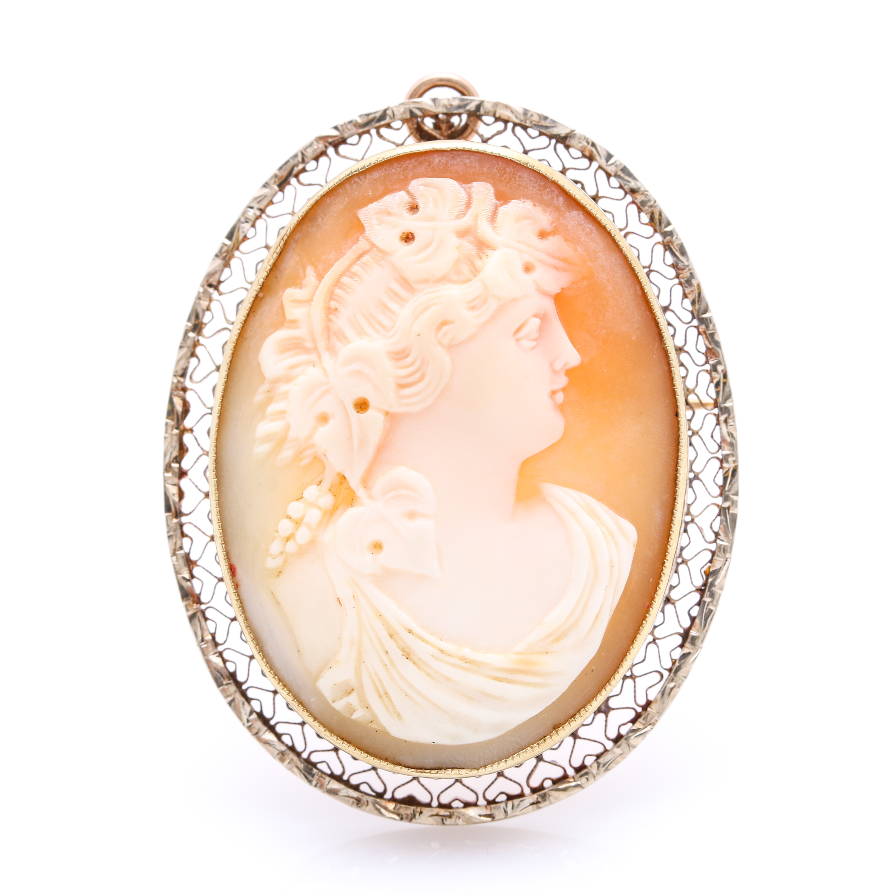 10K Yellow Gold Shell Cameo Pendant Brooch