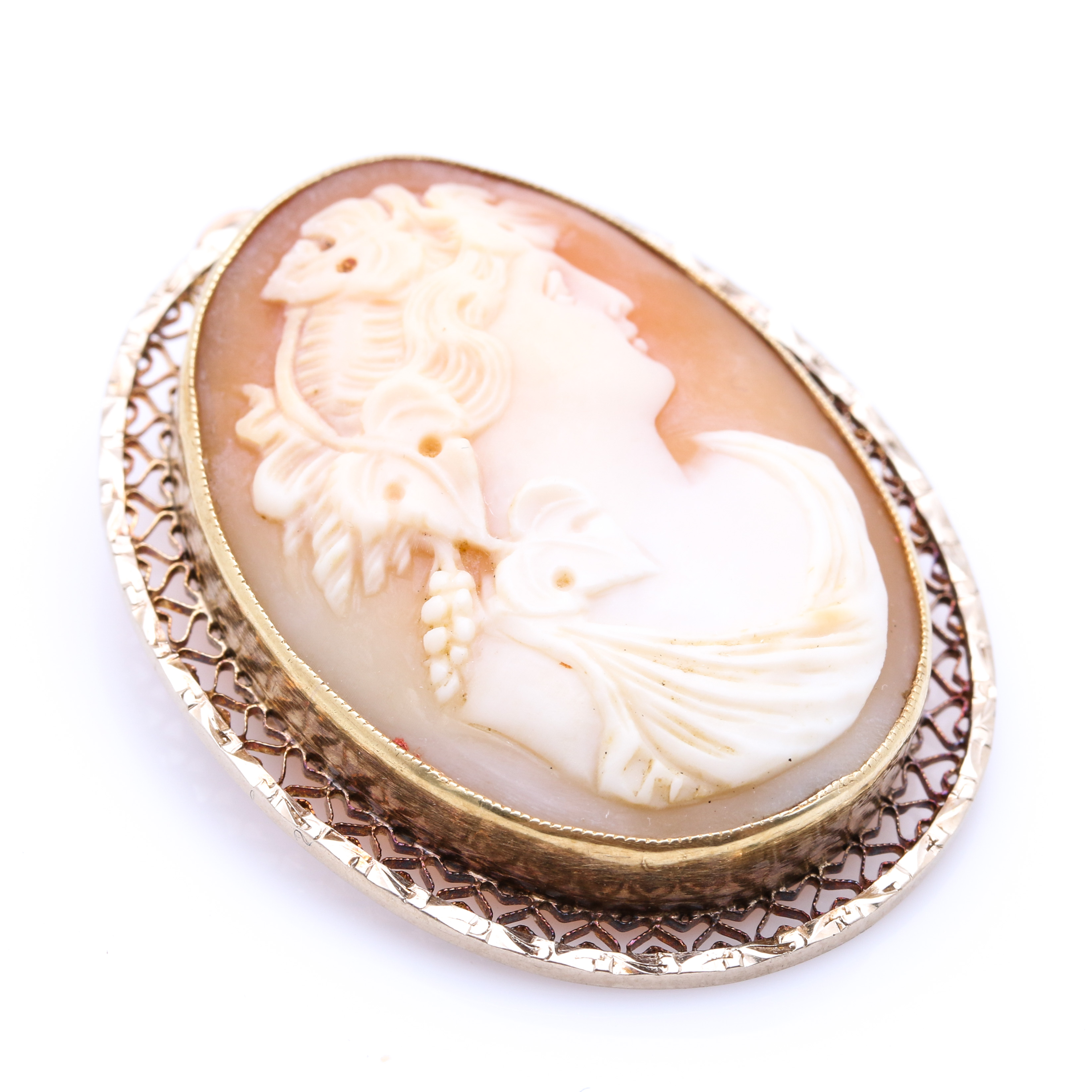 10K Yellow Gold Shell Cameo Pendant Brooch