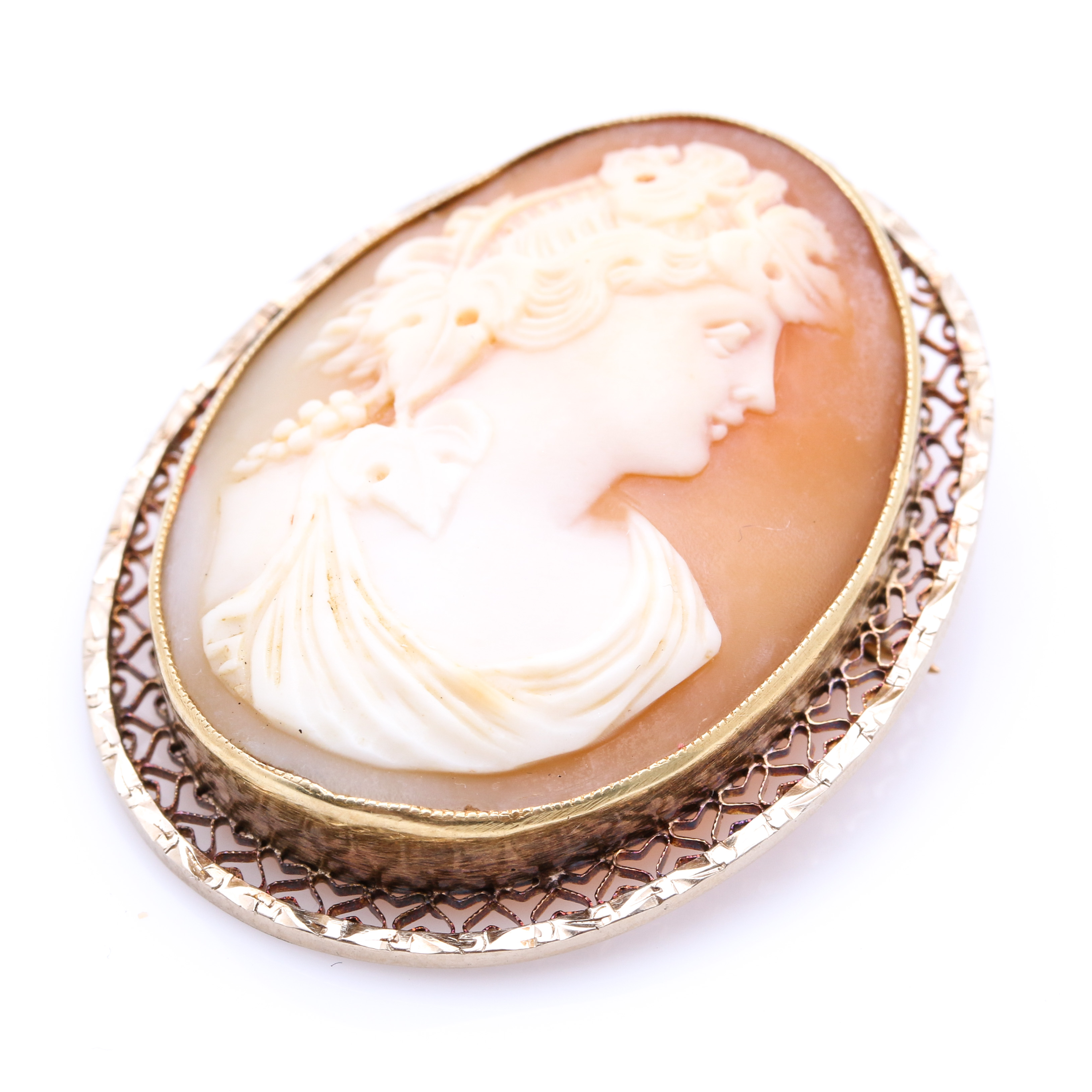 10K Yellow Gold Shell Cameo Pendant Brooch