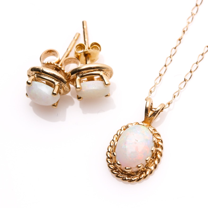 14K Yellow Gold Opal Earrings and Necklace