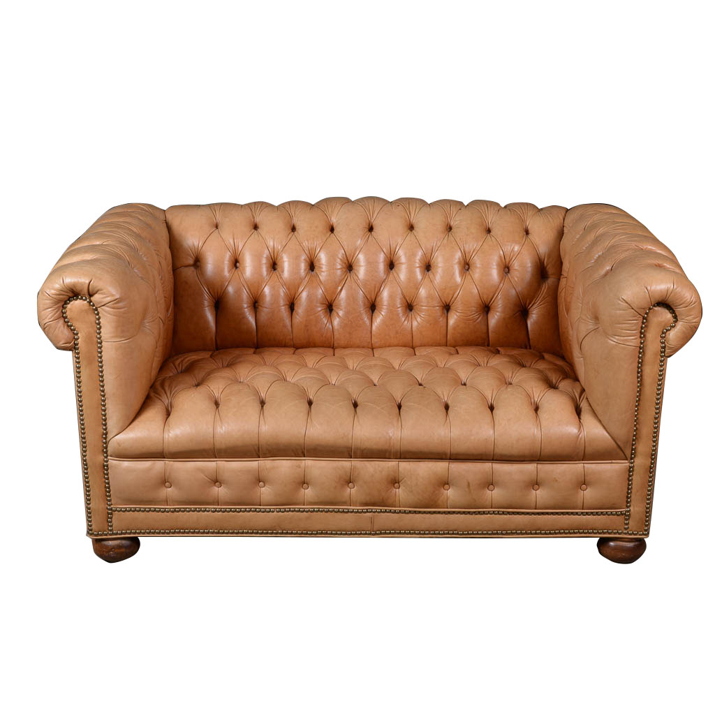 Pale Saddle Tufted Leather Loveseat