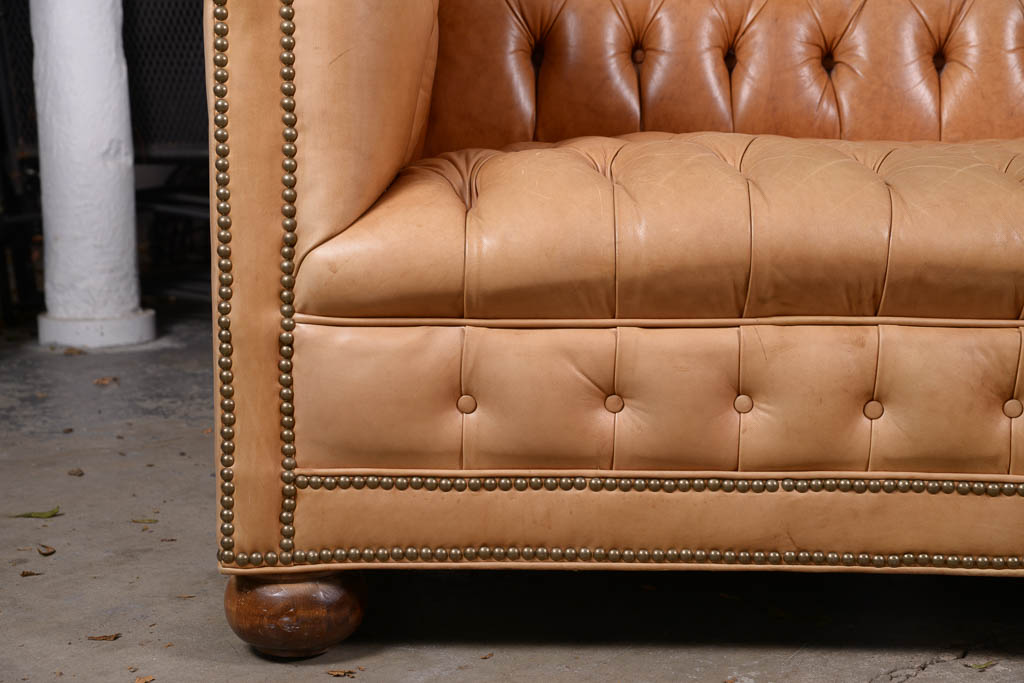 Pale Saddle Tufted Leather Loveseat