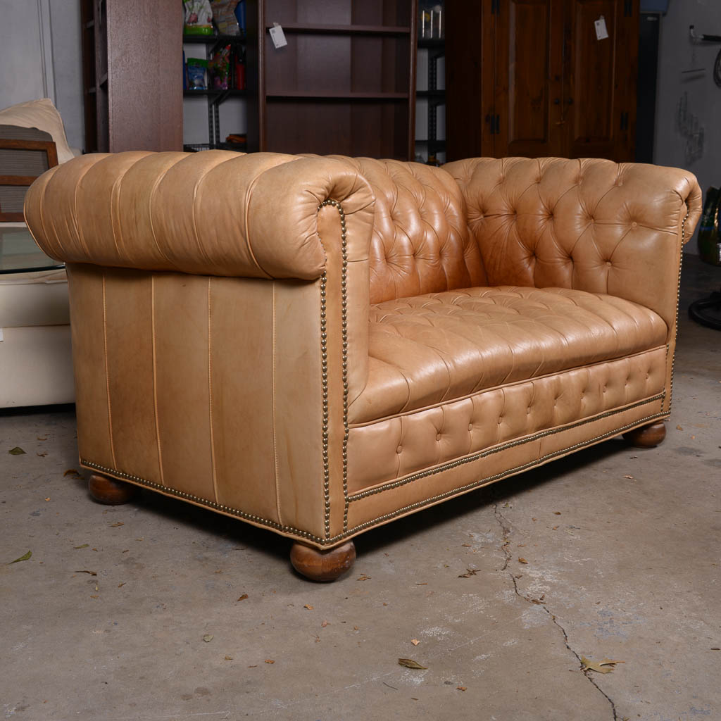 Pale Saddle Tufted Leather Loveseat
