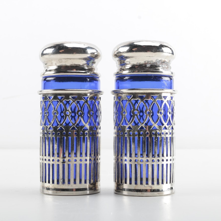 Silver Plate and Cobalt Blue Glass Salt and Pepper Shakers