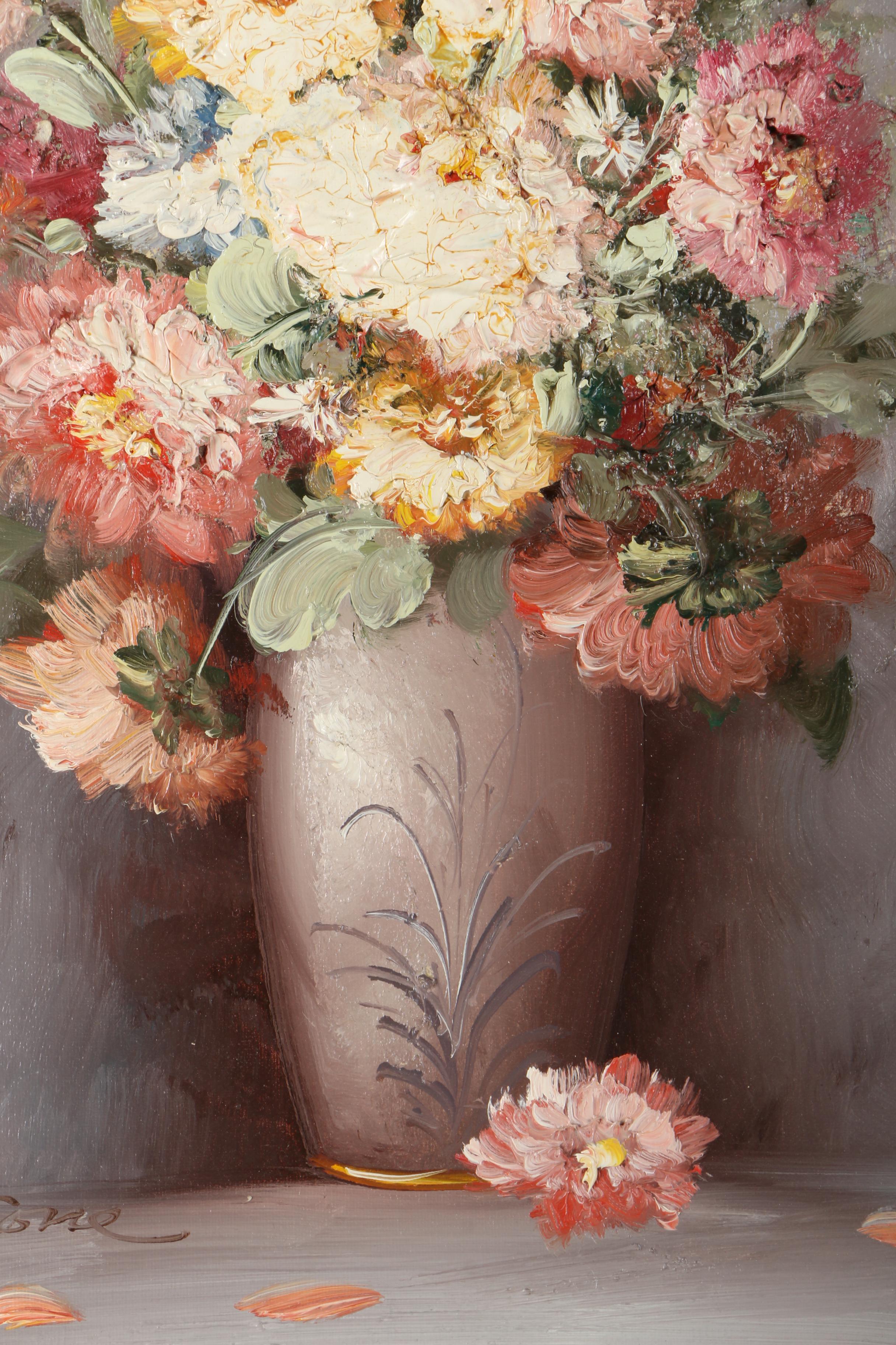 K. Stone Oil Painting on Canvas of Floral Still Life