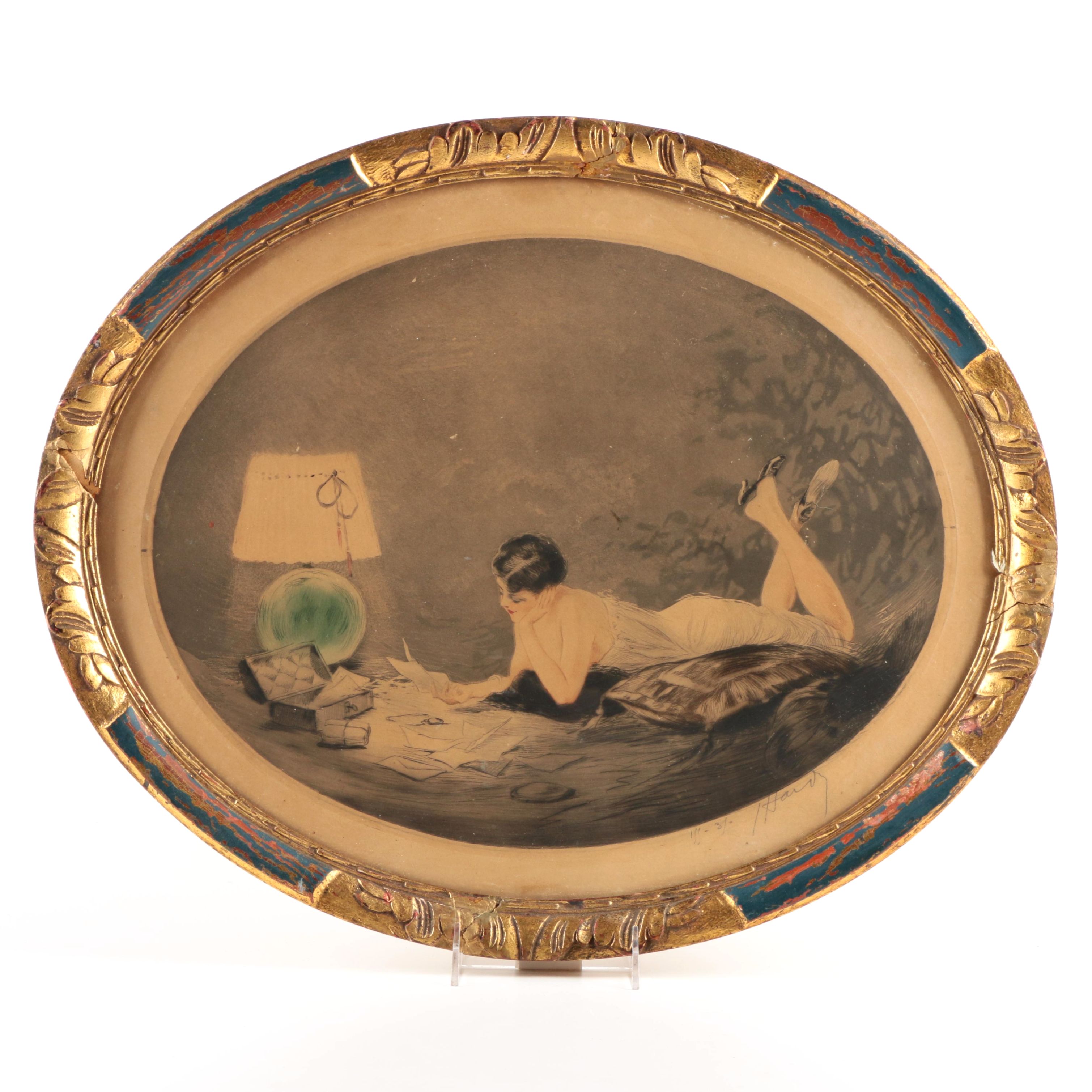 Jean Hardy Hand-Colored Etching with Aquatint of Reading Woman