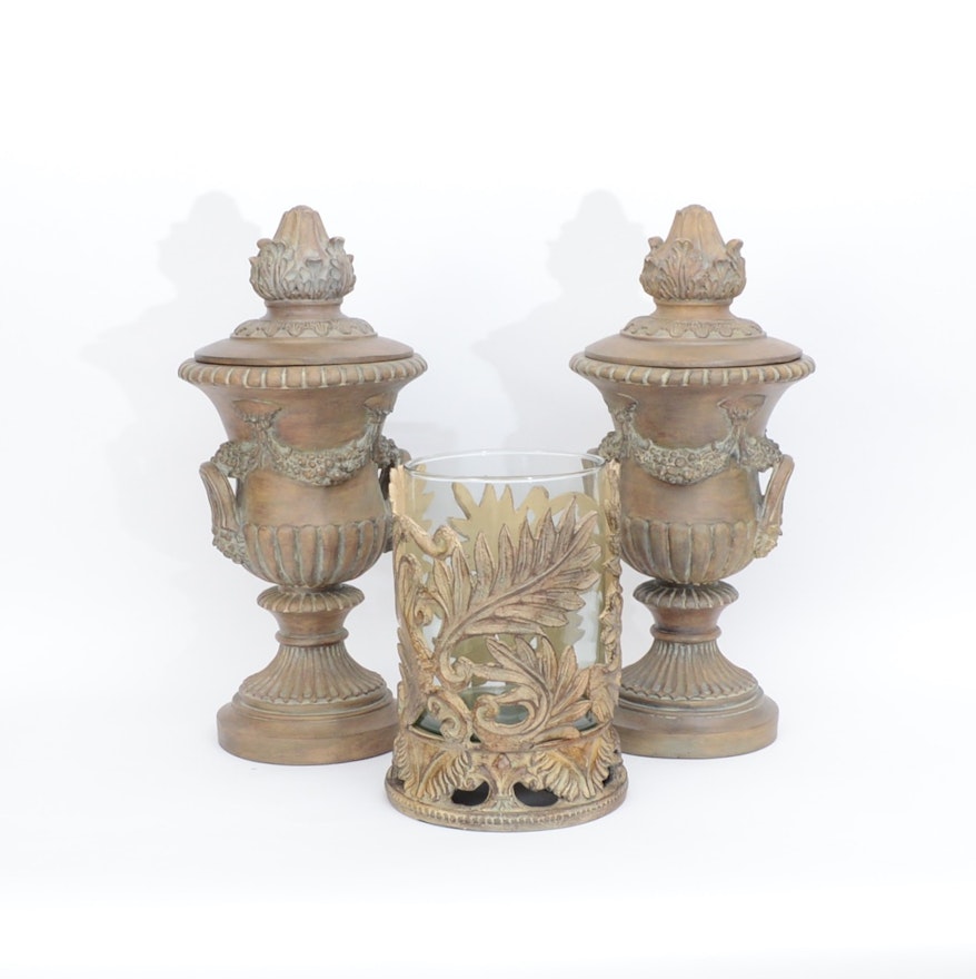 Neoclassical Covered Urns with Pillar Candle Holder