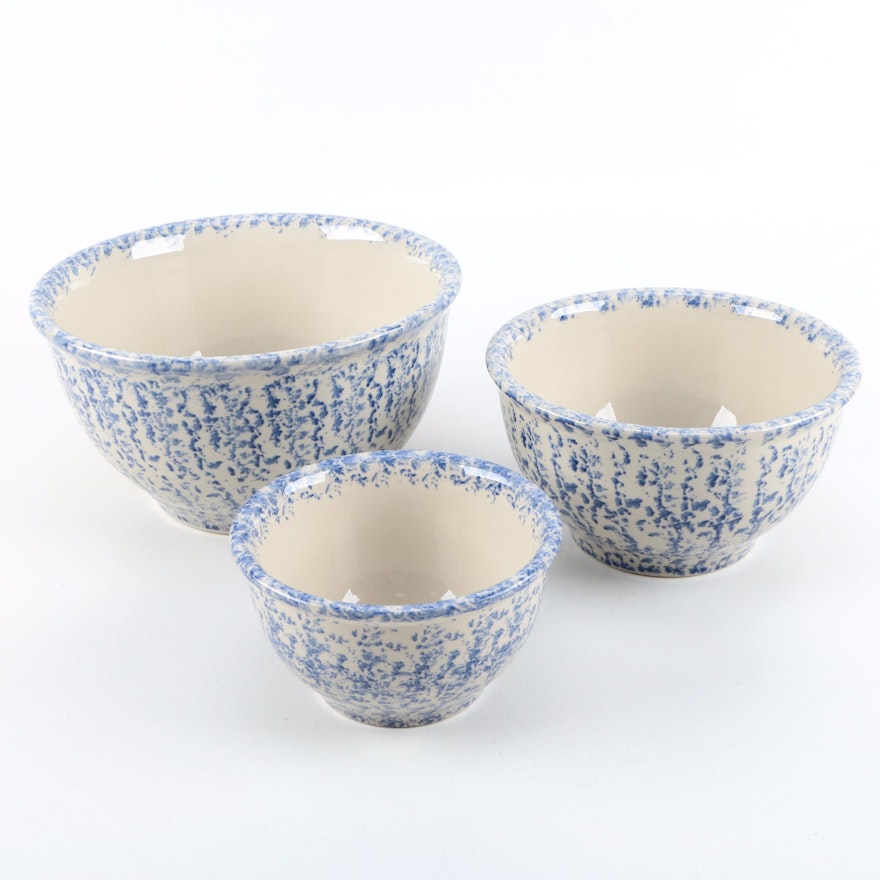 Ceramic Blue Spongeware Mixing Bowls