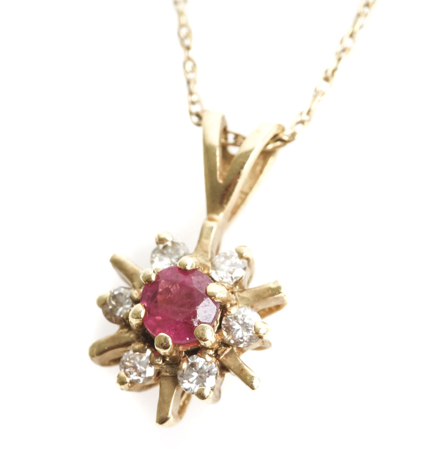 14K Yellow Gold, Ruby, and Diamond Starburst Pendant Necklace