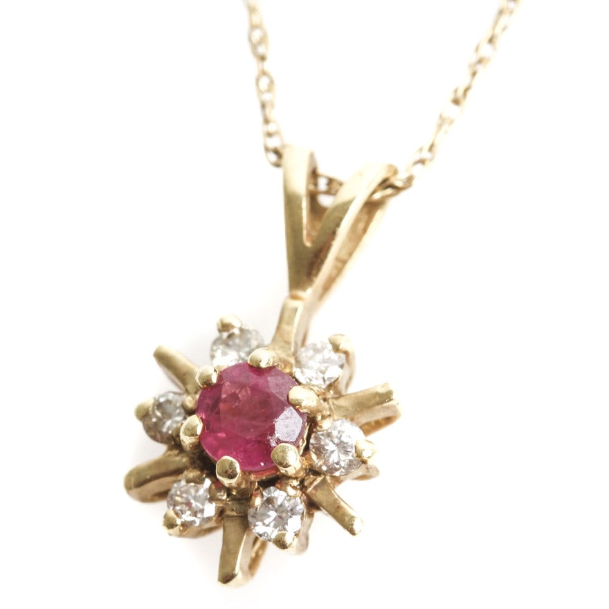 14K Yellow Gold, Ruby, and Diamond Starburst Pendant Necklace