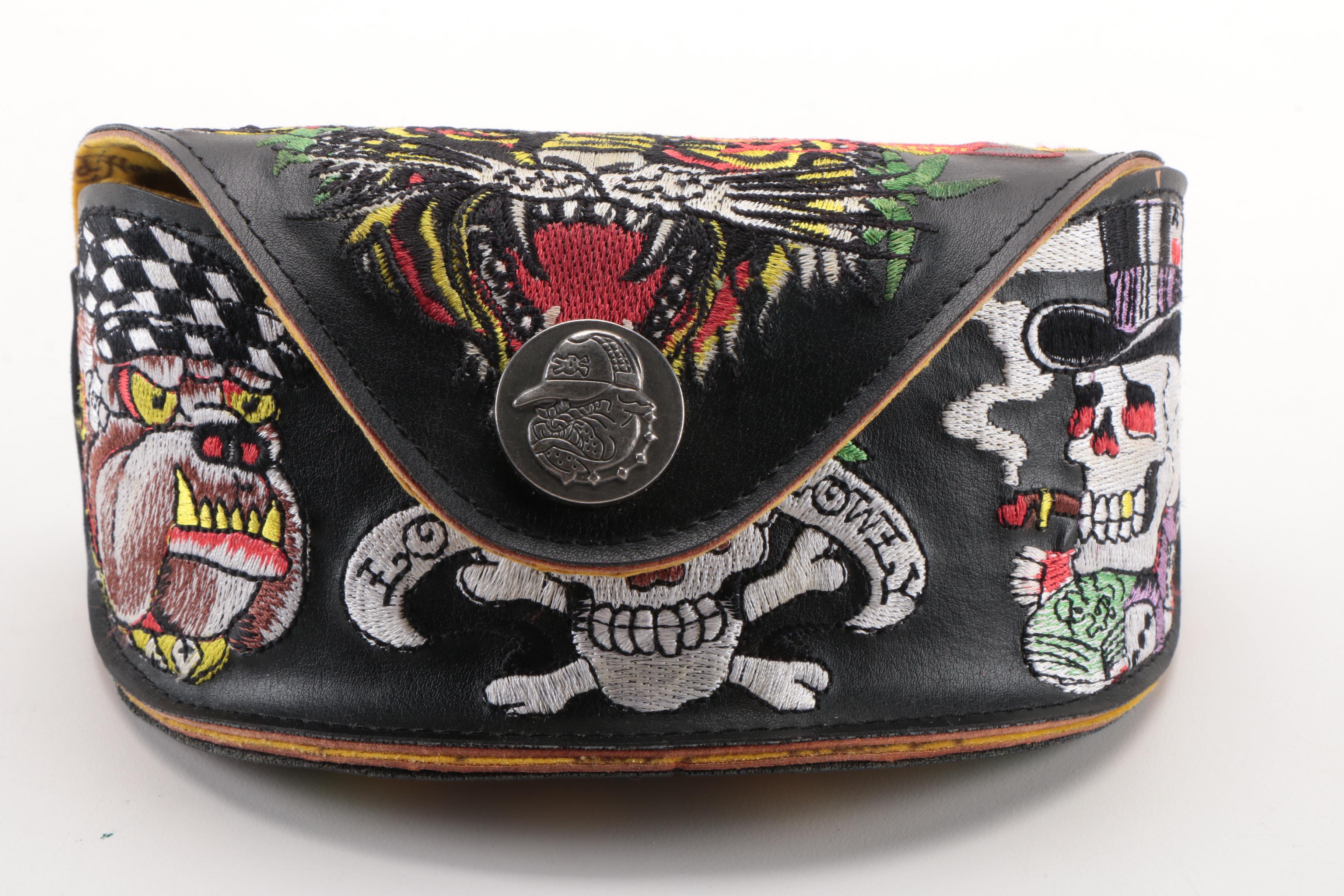 Pink Ed Hardy Sunglasses With Embroidered Case