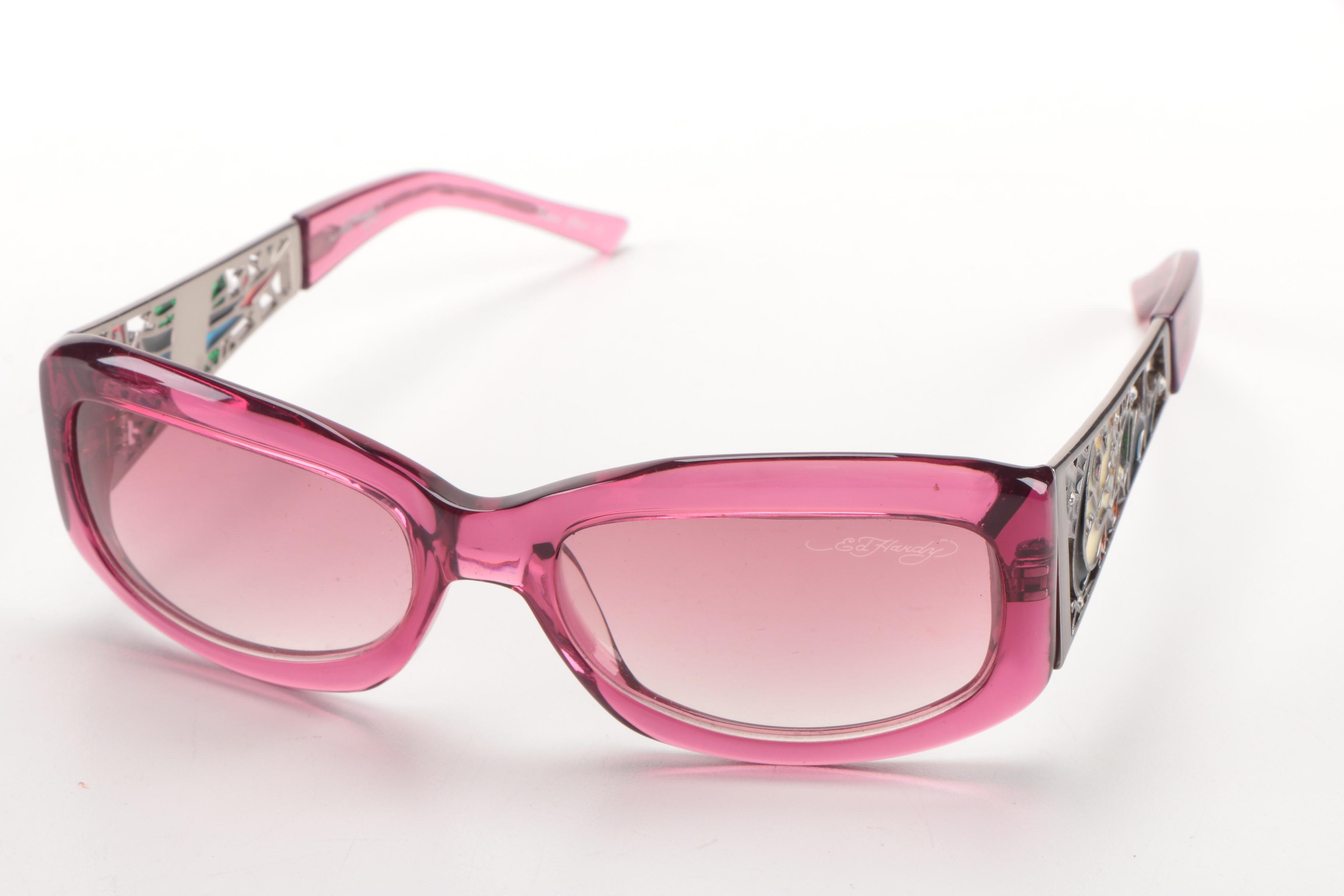 Pink Ed Hardy Sunglasses With Embroidered Case