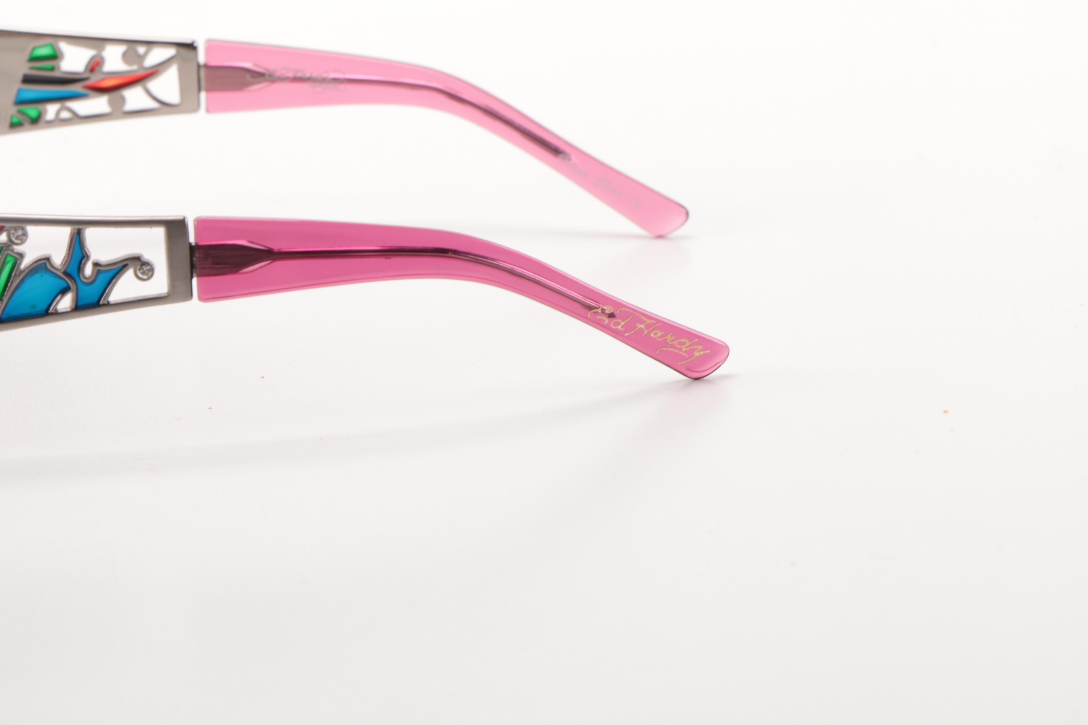 Pink Ed Hardy Sunglasses With Embroidered Case
