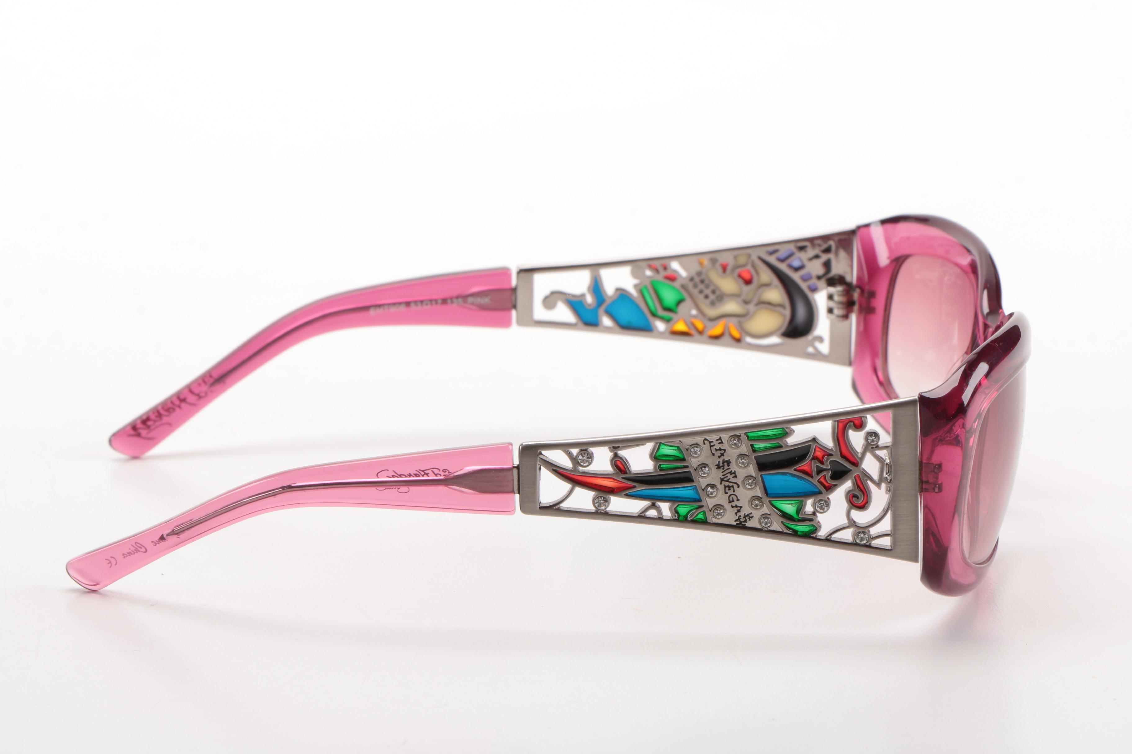 Pink Ed Hardy Sunglasses With Embroidered Case