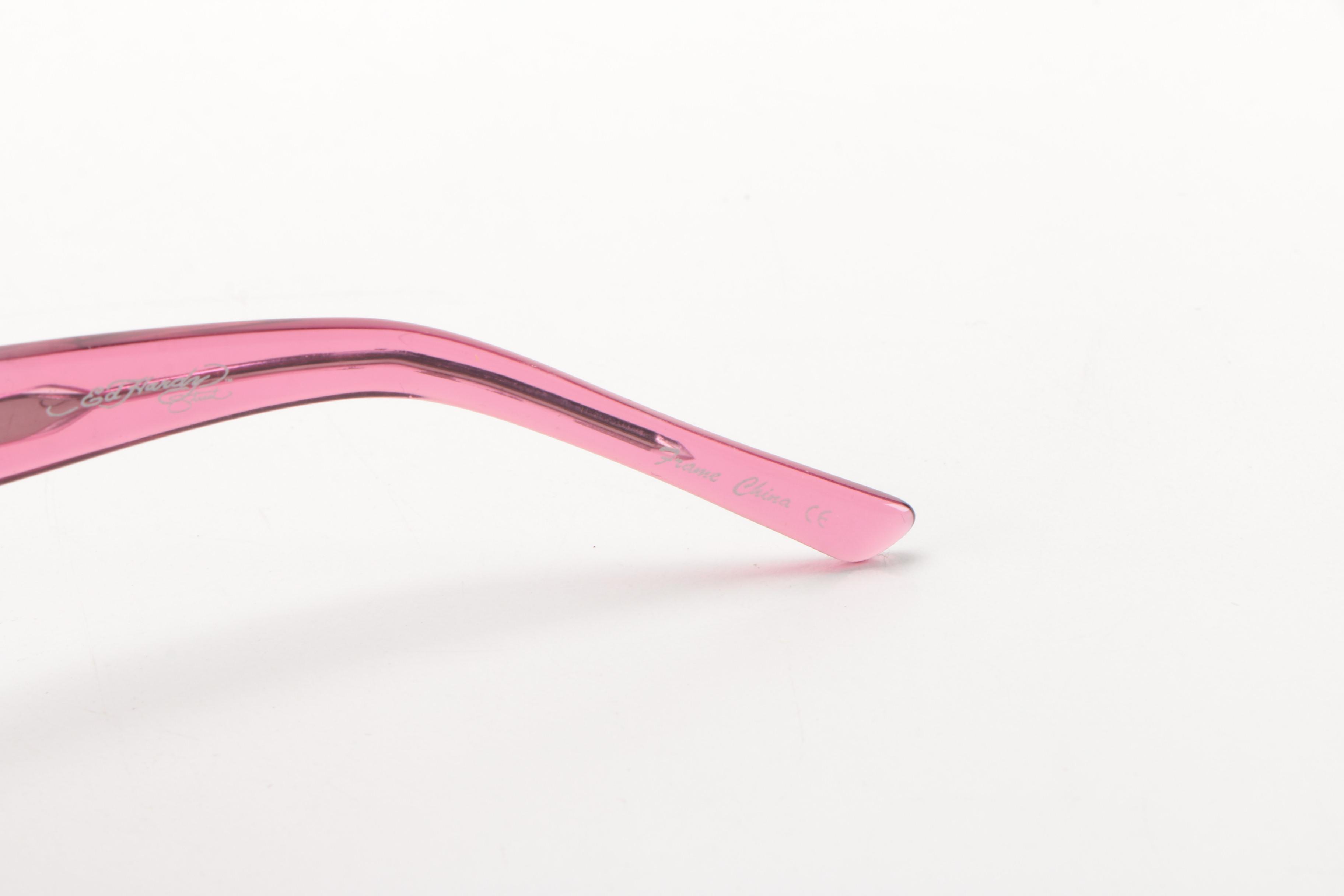 Pink Ed Hardy Sunglasses With Embroidered Case
