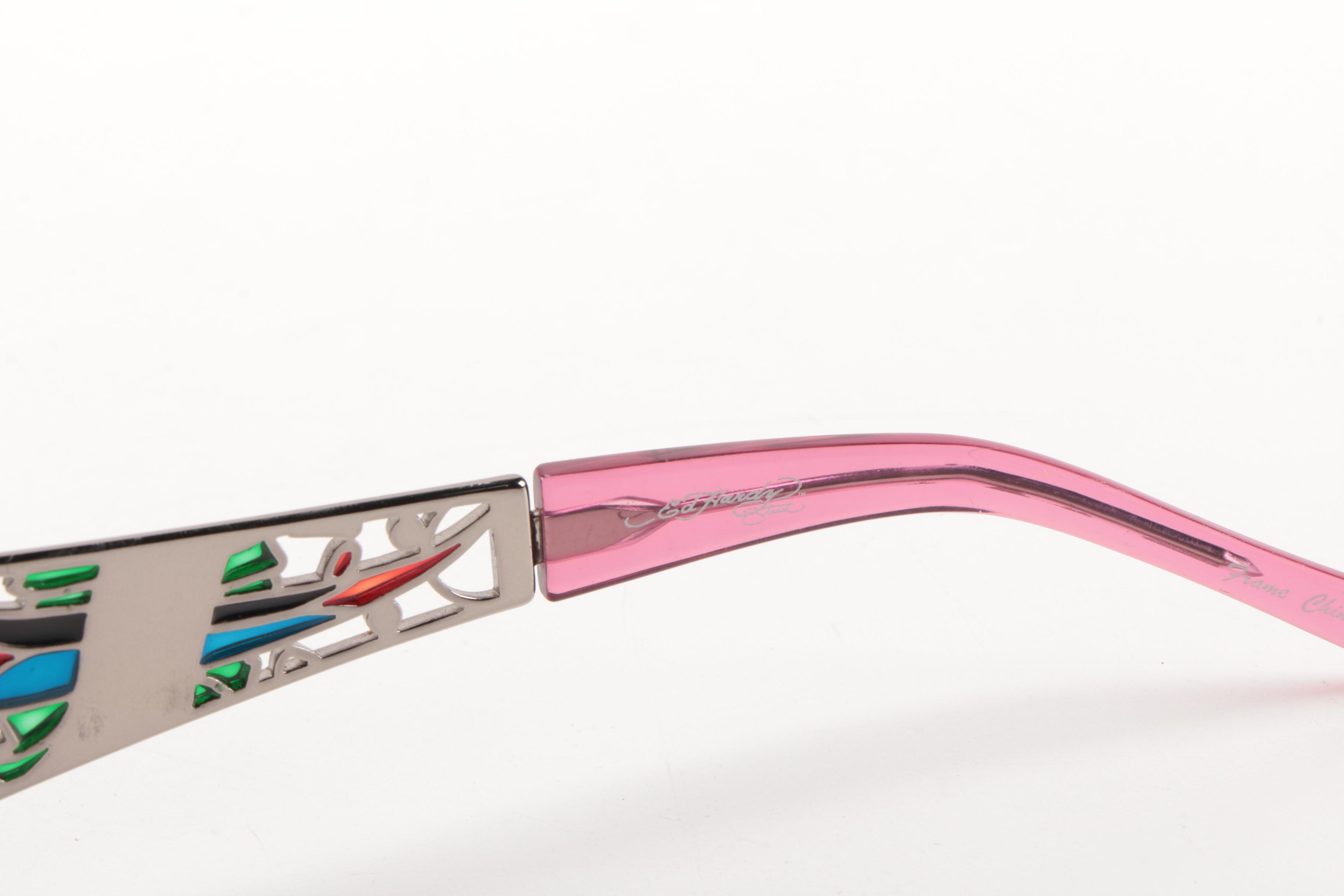 Pink Ed Hardy Sunglasses With Embroidered Case