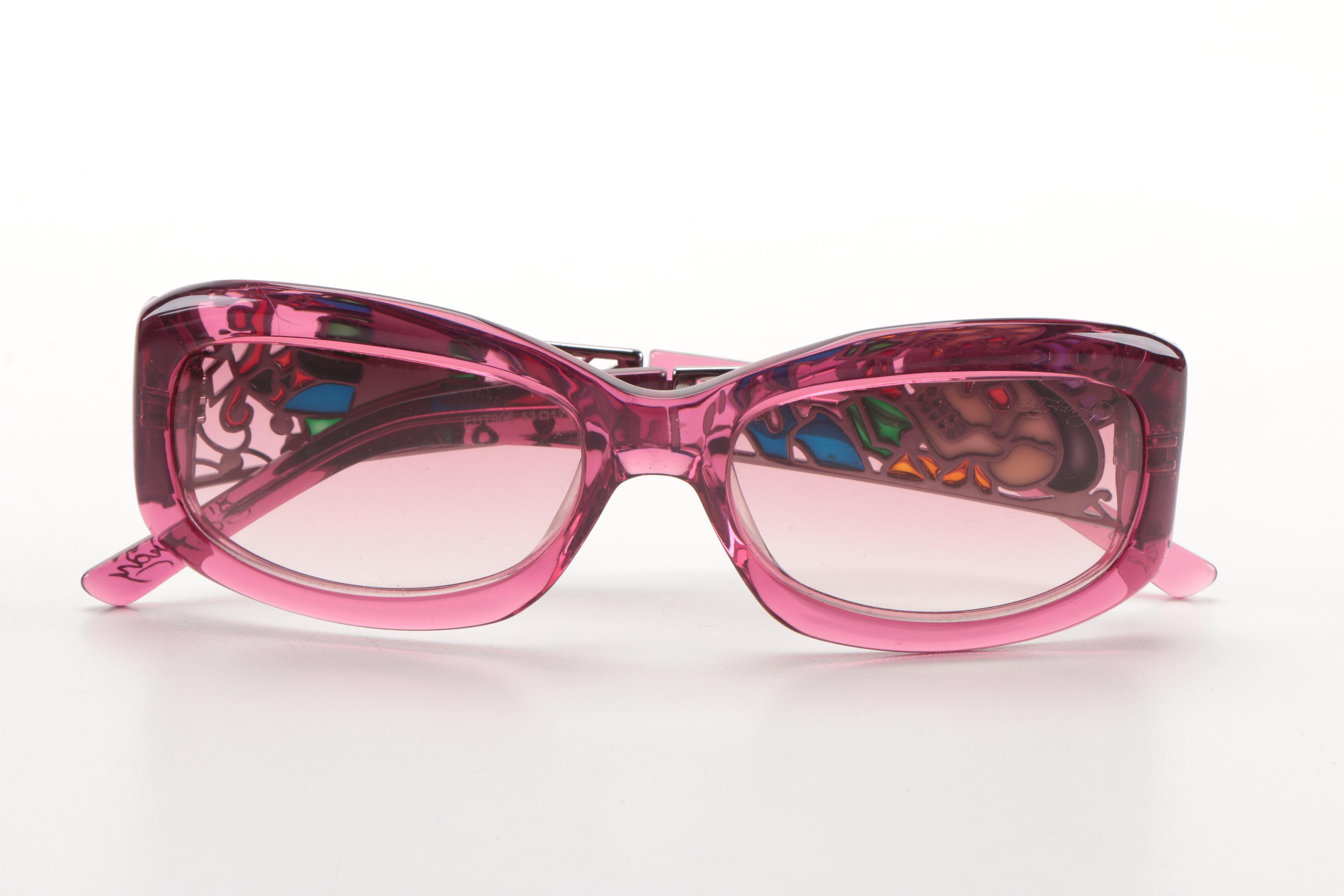 Pink Ed Hardy Sunglasses With Embroidered Case