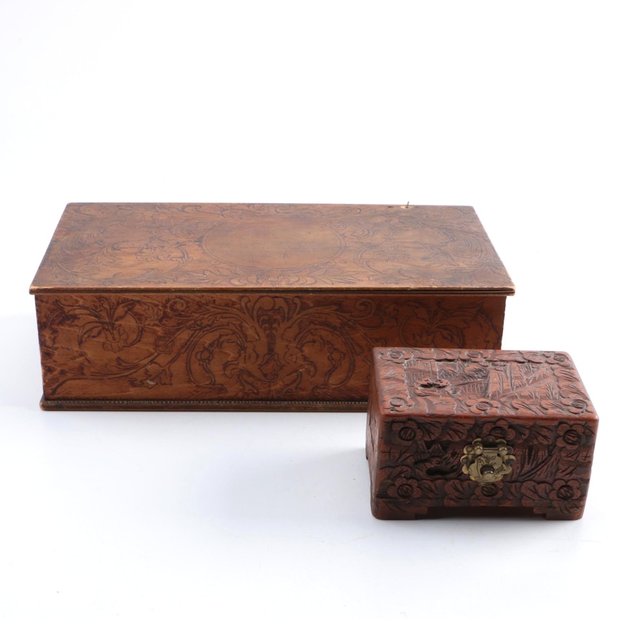 Antique Pyrography Box With Asian Style Carved Trinket Box