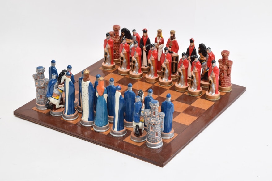 Alberta's Molds 1973 Ceramic Chess Set and Wood Board
