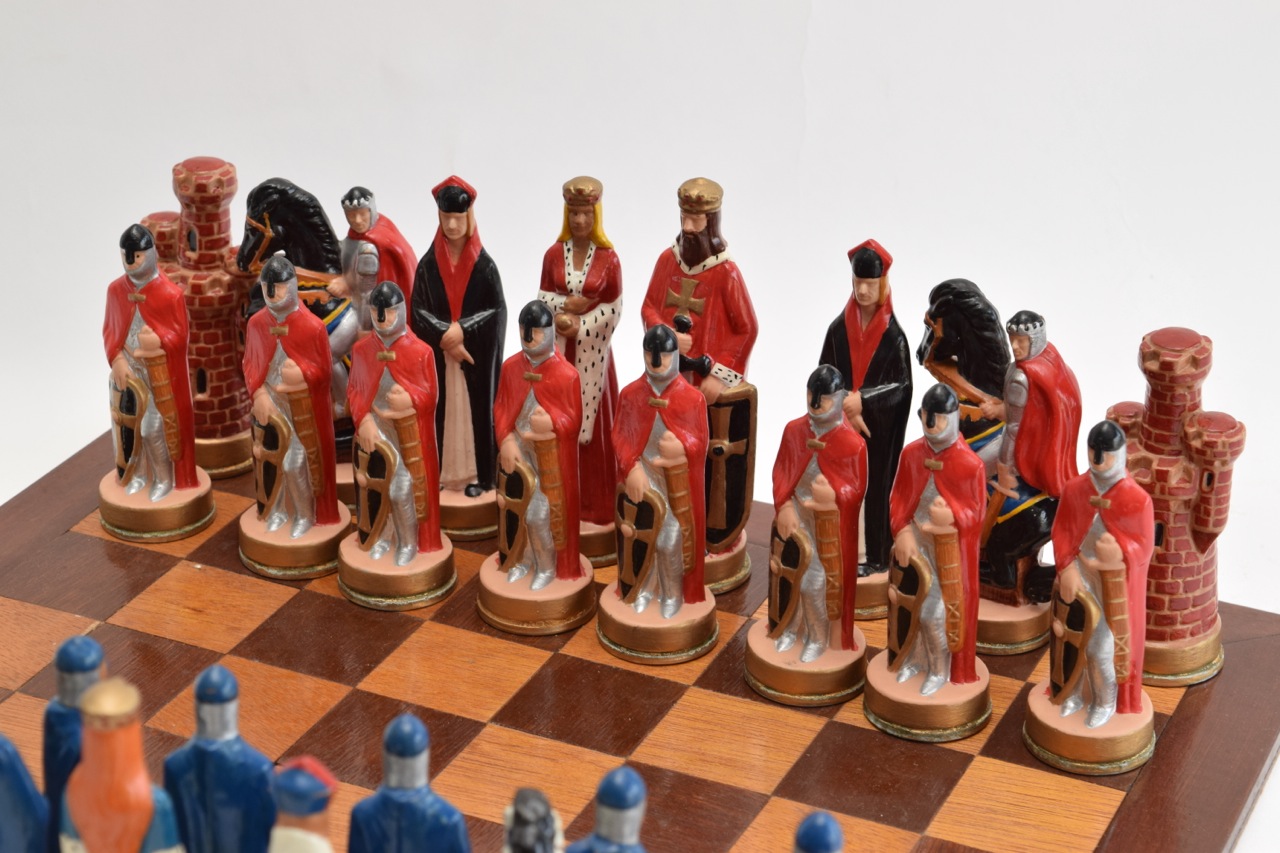 Alberta's Molds 1973 Ceramic Chess Set and Wood Board