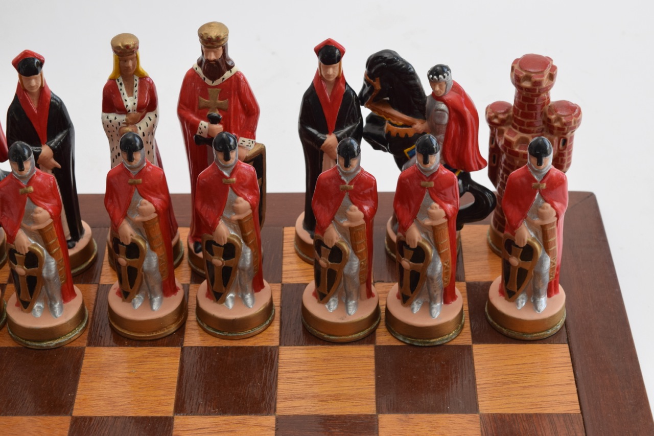 Alberta's Molds 1973 Ceramic Chess Set and Wood Board