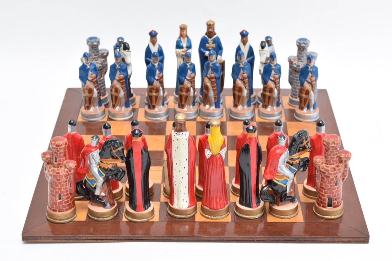 Alberta's Molds 1973 Ceramic Chess Set and Wood Board