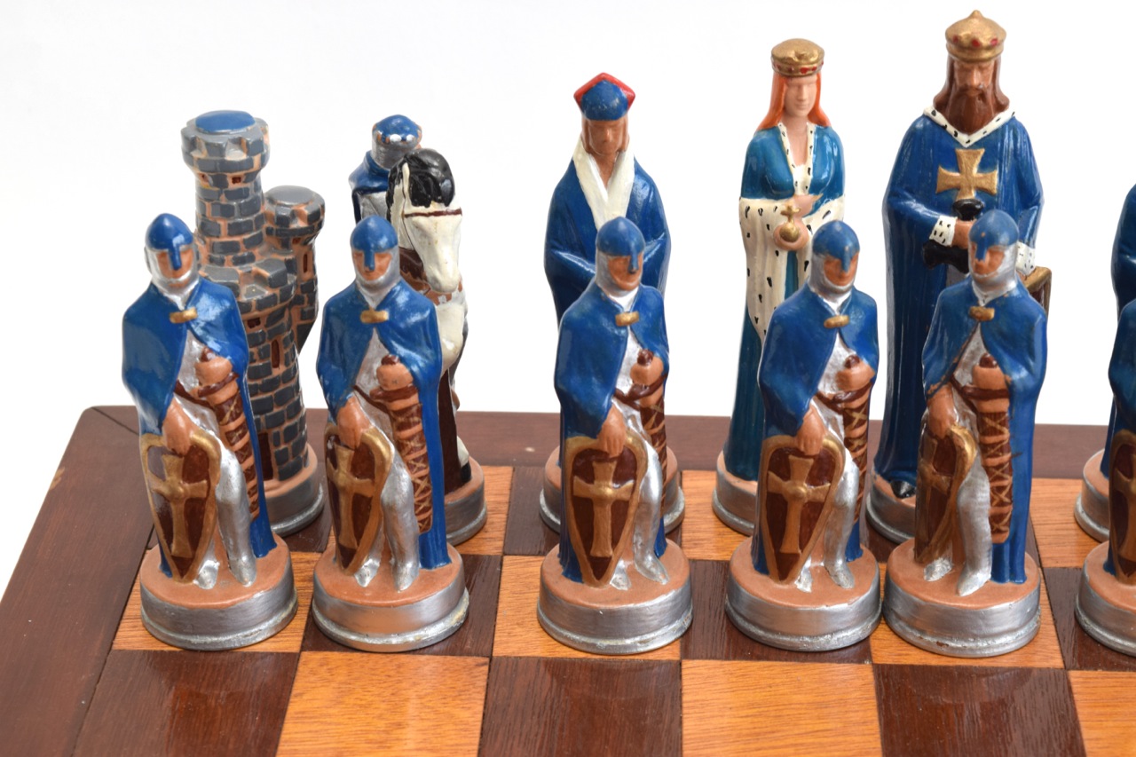 Alberta's Molds 1973 Ceramic Chess Set and Wood Board
