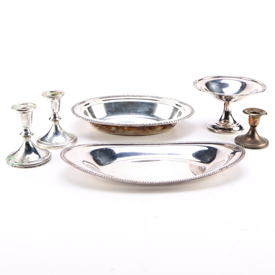 Silver Plate Serveware and Weighted Sterling Candleholders