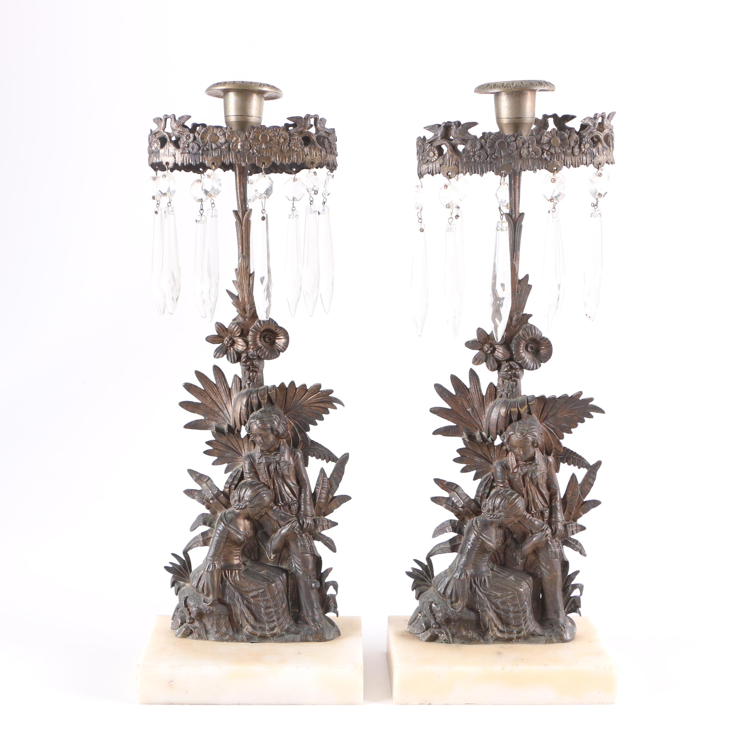 Brass "Paul and Virginia" Girandoles on a Marble Base