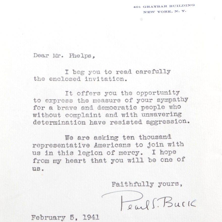 1941 Typed and Signed Pearl S. Buck Appeal Letter