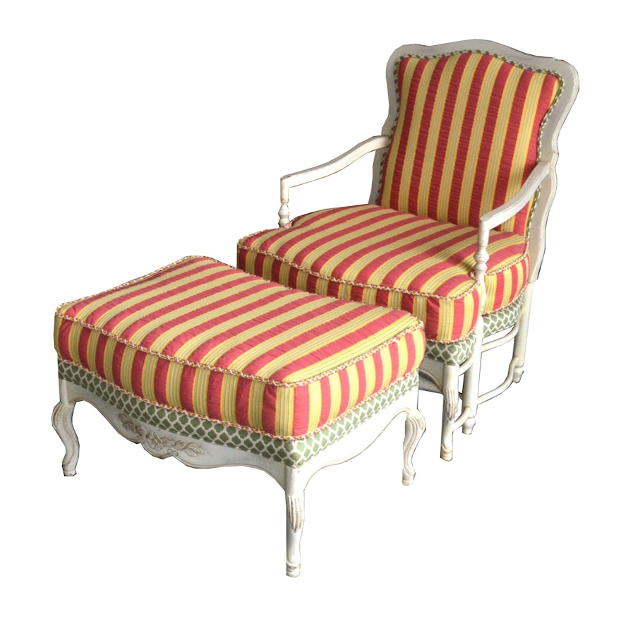 French Provincial Inspired Upholstered Chair and Ottoman by Wesley Hall