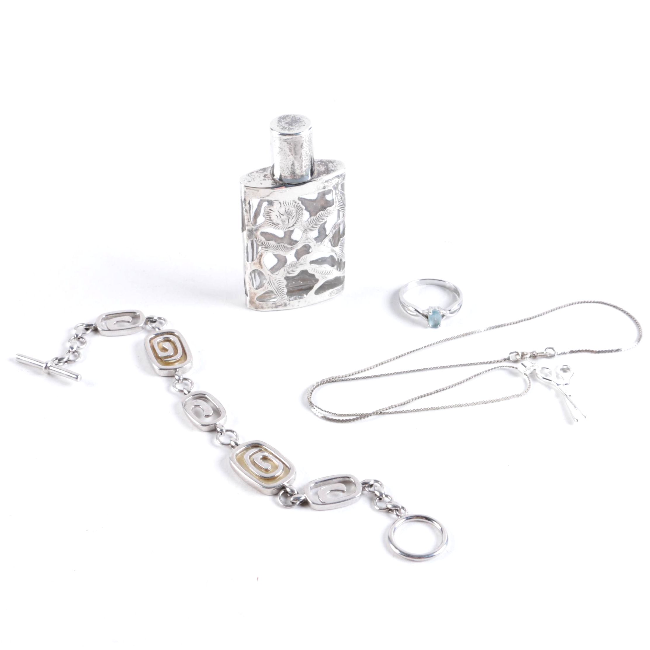 Sterling Silver Jewelry and Sterling Overlay Bottle