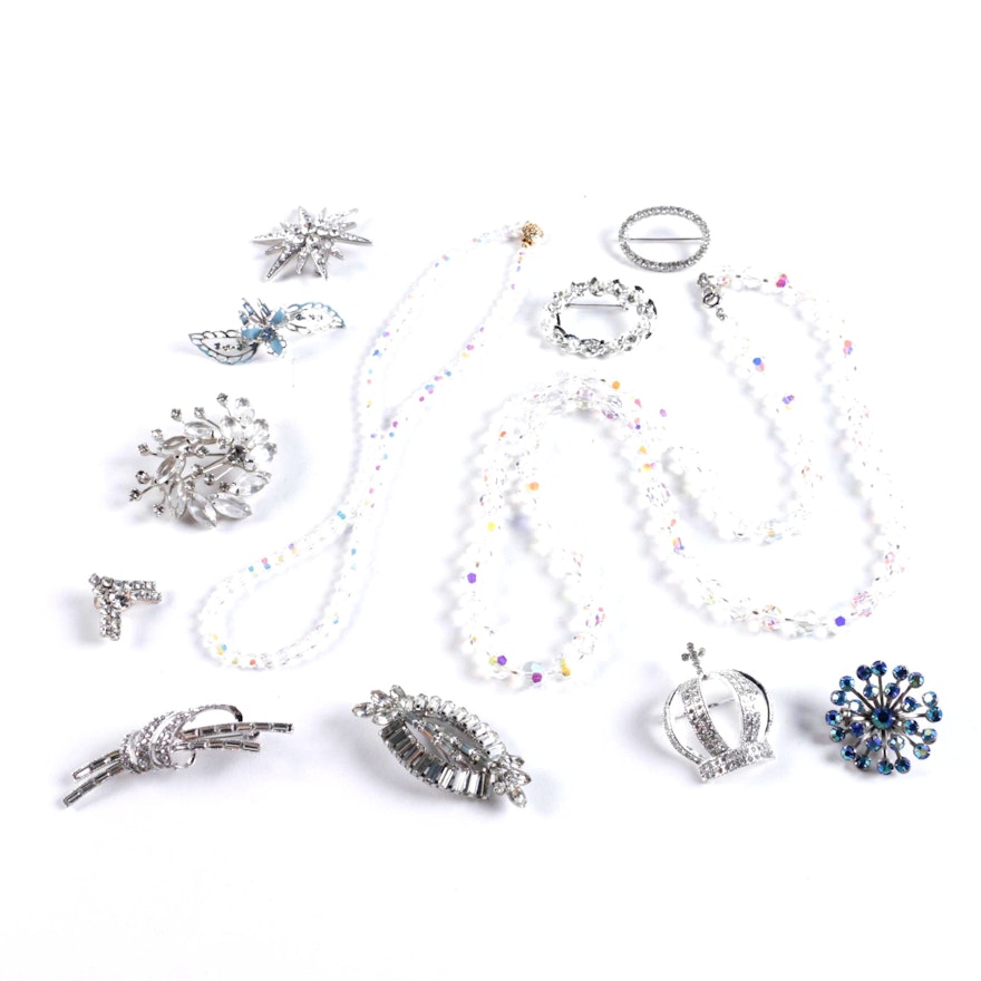 Vintage Rhinestone Jewelry Including Aurora Borealis Necklaces