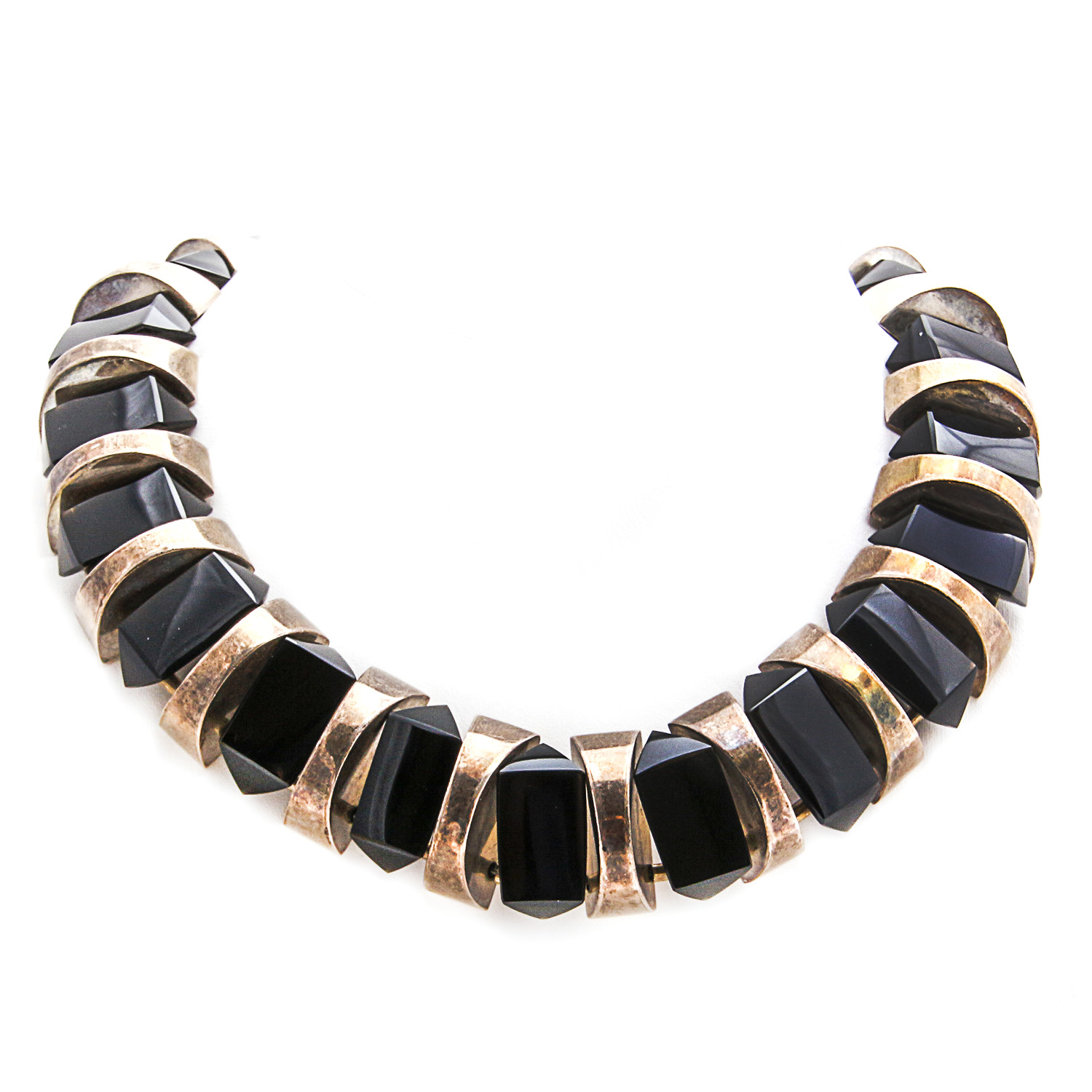 Heavy Mexican Sterling and Obsidian Beaded Necklace