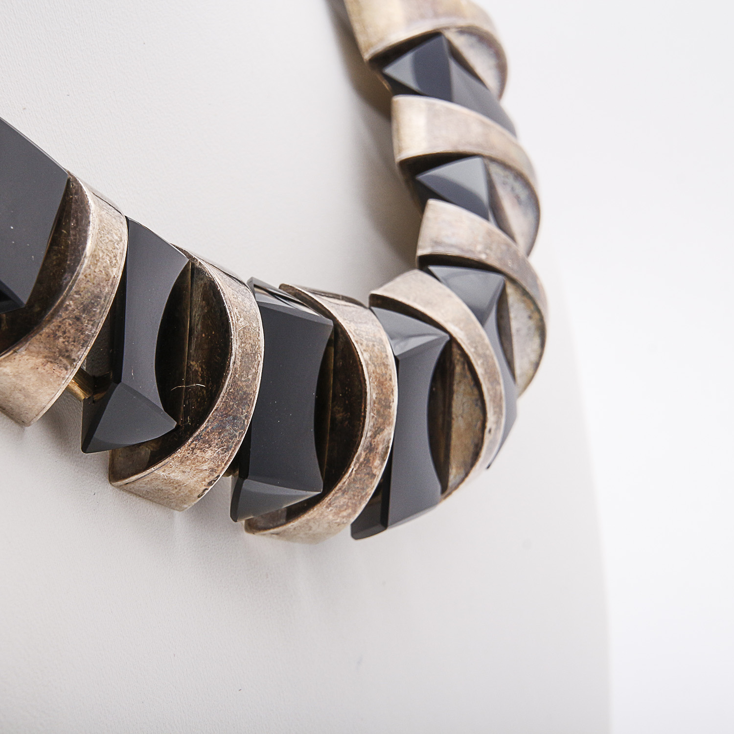 Heavy Mexican Sterling and Obsidian Beaded Necklace