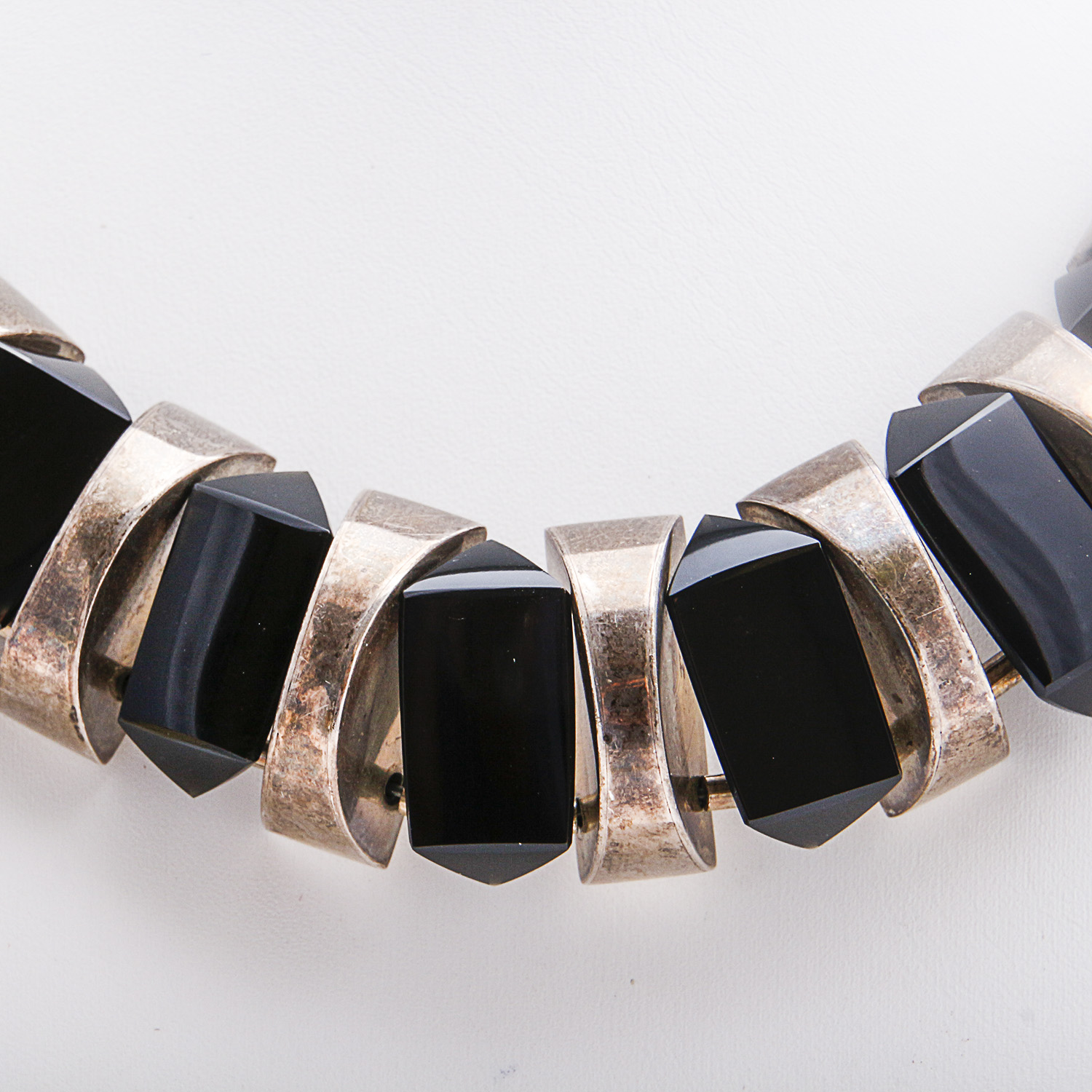 Heavy Mexican Sterling and Obsidian Beaded Necklace