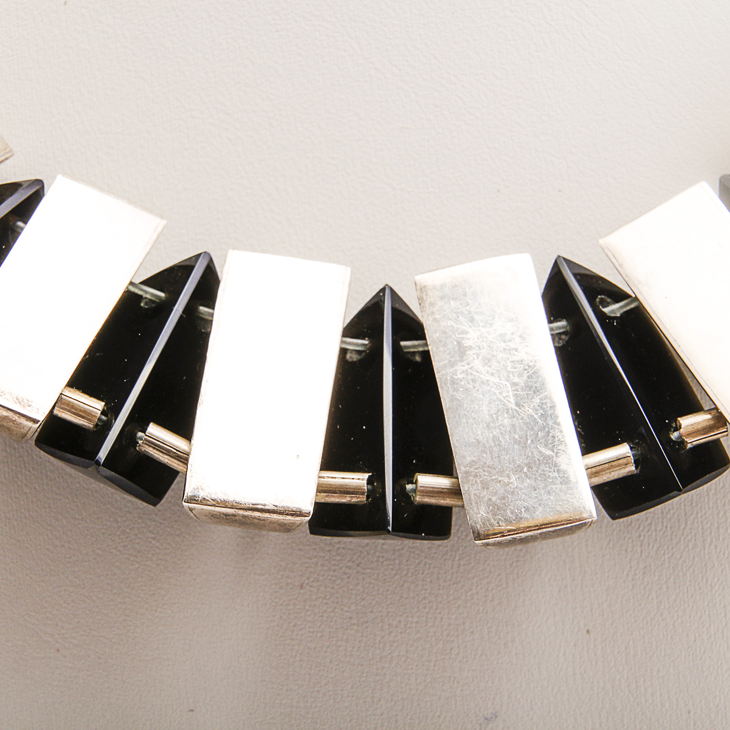 Heavy Mexican Sterling and Obsidian Beaded Necklace