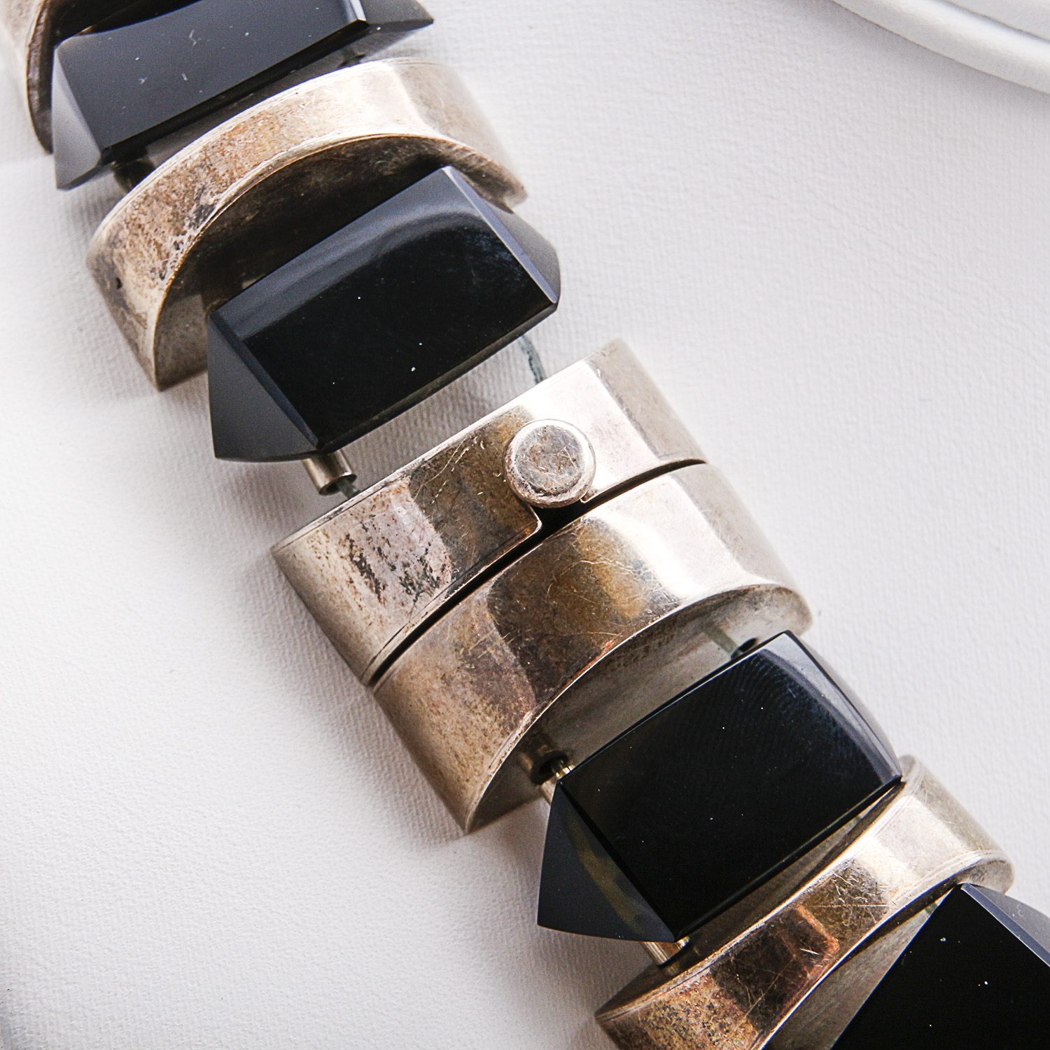 Heavy Mexican Sterling and Obsidian Beaded Necklace