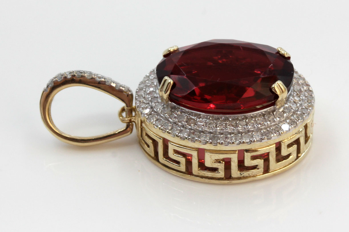 10K Yellow Gold Red Stone and Diamond Pendant