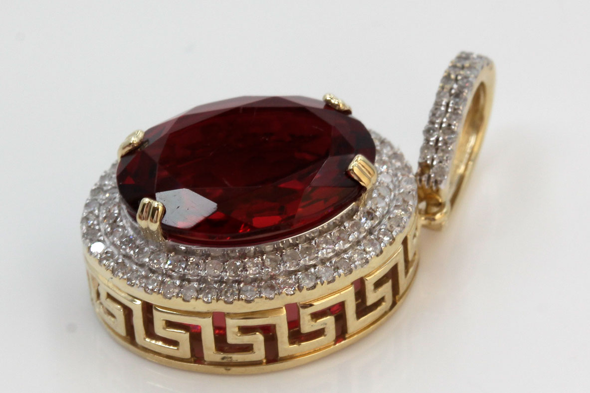 10K Yellow Gold Red Stone and Diamond Pendant
