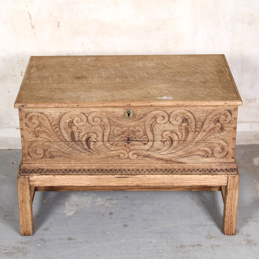 Antique Carved Oak Chest-on-Stand