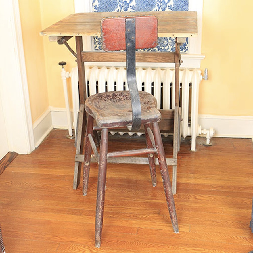 Vintage Drafting Table and Stool